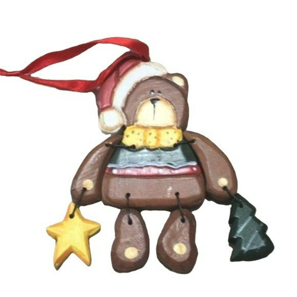 Santa Teddy Movable Christmas Ornament Wood‎ Hanging Bear